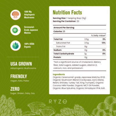 RYZE Mushroom Matcha – with 6 Organic Adaptogenic Mushrooms Grown In USA and Ceremonial-Grade Japanese Matcha - Image 7
